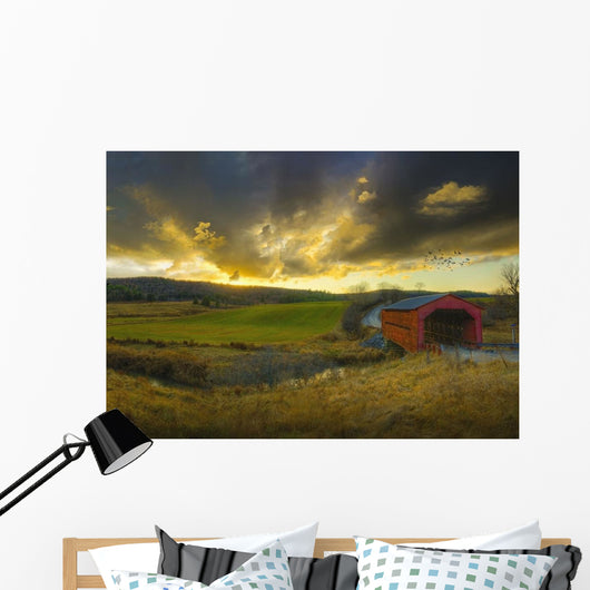 Autumn Sunset Over Meech Creek And Covered Bridge Wall Mural