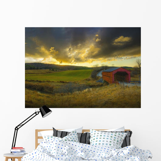 Autumn Sunset Over Meech Creek And Covered Bridge Wall Mural