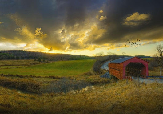 Autumn Sunset Over Meech Creek And Covered Bridge Wall Mural