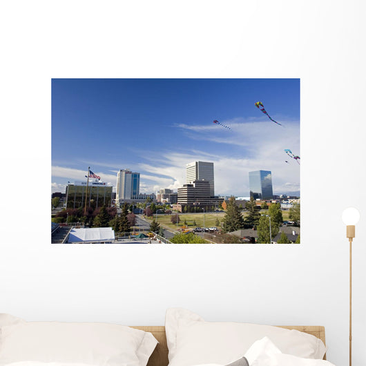 Kites Flying In Park Strip With Downtown Anchorage In Background Wall Mural