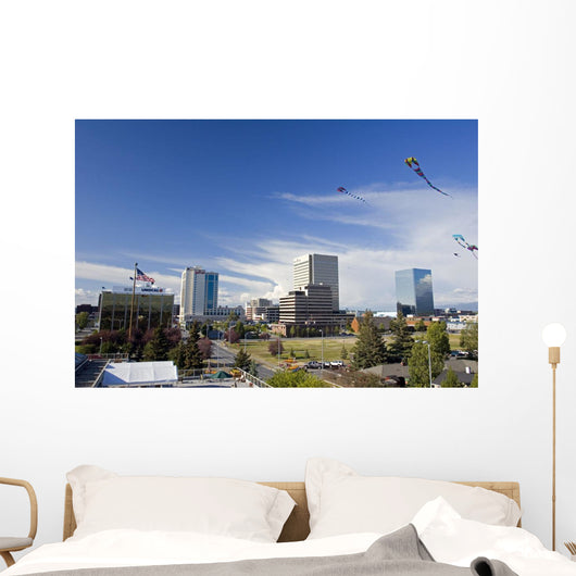 Kites Flying In Park Strip With Downtown Anchorage In Background Wall Mural