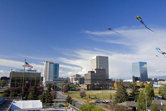 Kites Flying In Park Strip With Downtown Anchorage In Background Wall Mural