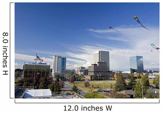 Kites Flying In Park Strip With Downtown Anchorage In Background Wall Mural