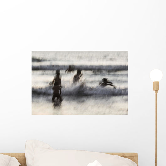 India, Karnataka, Blurry Figures In Crashing Waves At Gokarna Beach Wall Mural