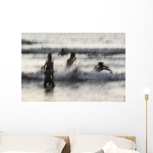 India, Karnataka, Blurry Figures In Crashing Waves At Gokarna Beach Wall Mural