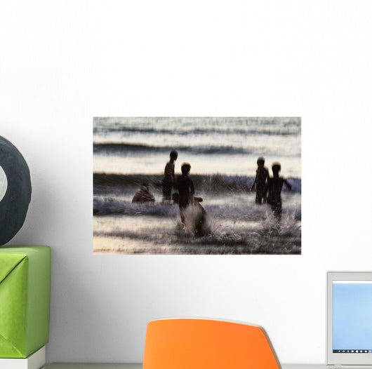 India, Karnataka, Blurry Figures In Crashing Waves At Gokarna Beach Wall Mural