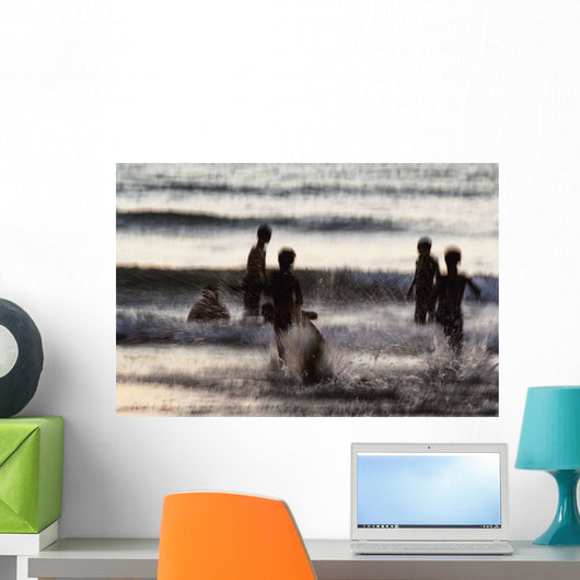 India, Karnataka, Blurry Figures In Crashing Waves At Gokarna Beach Wall Mural