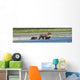 Panoramic Of Brown Bear Sow And Cubs On The Shore Of Mikfik Creek Wall Mural