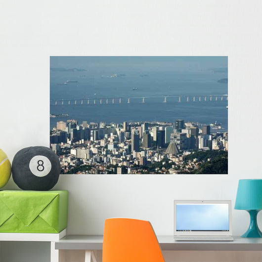 Distand City Skyline and Ocean Bridge Wall Decal