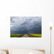 Storm clouds gather over a sunlit canola field and road Wall Mural