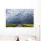 Storm clouds gather over a sunlit canola field and road Wall Mural