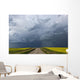 Storm clouds gather over a sunlit canola field and road Wall Mural