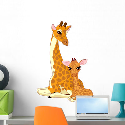 Mother-giraffe and Baby-giraffe Wall Mural shown on a wall