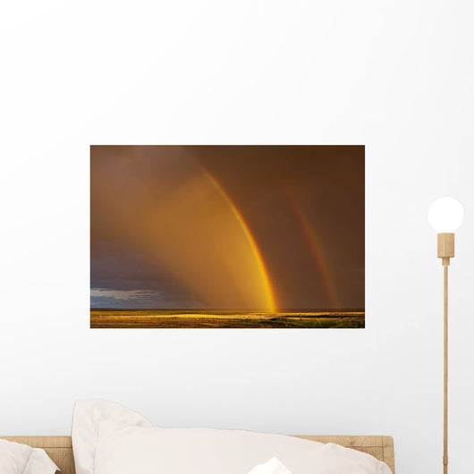 Double rainbow over a prairie field after a storm Wall Mural
