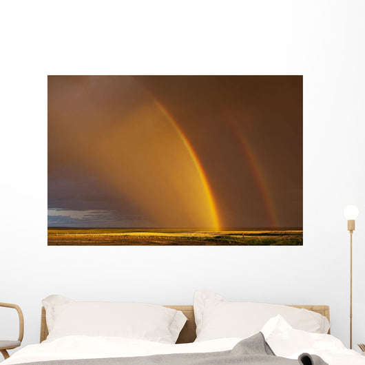Double rainbow over a prairie field after a storm Wall Mural