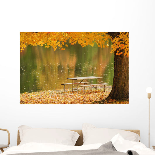 A picnic table beside a tranquil lake with golden leaves on the trees Wall Mural