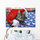 Grey tabby cat with santa claus hat lying Wall Mural
