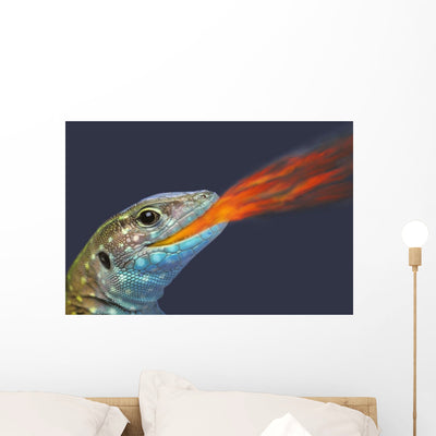 Fire-breathing Rainbow Lizard British Wall Mural shown on a wall
