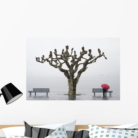 A tree and a person with a red umbrella Wall Mural