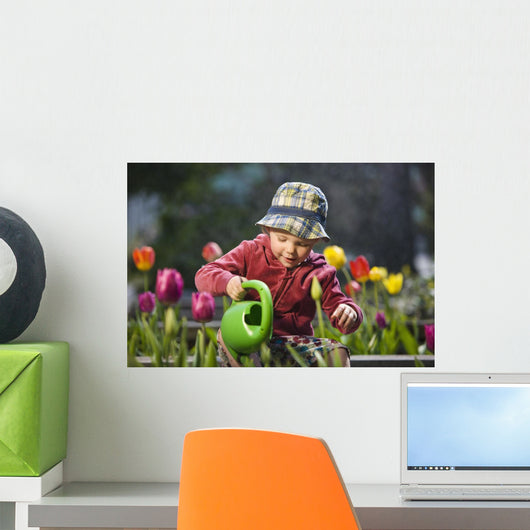 Toddler Girl Watering Tulips, Anchorage, Alaska, Usa Wall Mural