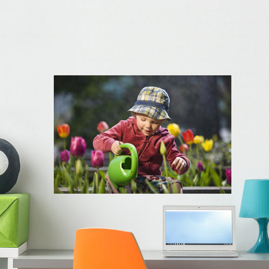 Toddler Girl Watering Tulips, Anchorage, Alaska, Usa Wall Mural