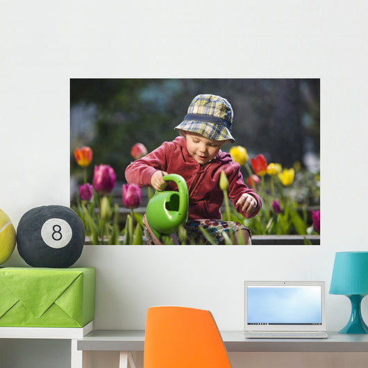 Toddler Girl Watering Tulips, Anchorage, Alaska, Usa Wall Mural