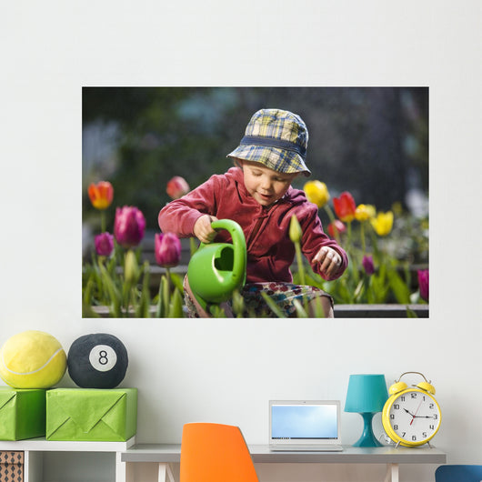 Toddler Girl Watering Tulips, Anchorage, Alaska, Usa Wall Mural