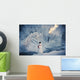 Snowman Standing Next To A Stream With Fog And Hoar Frosted Trees Wall Mural