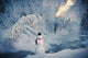 Snowman Standing Next To A Stream With Fog And Hoar Frosted Trees Wall Mural