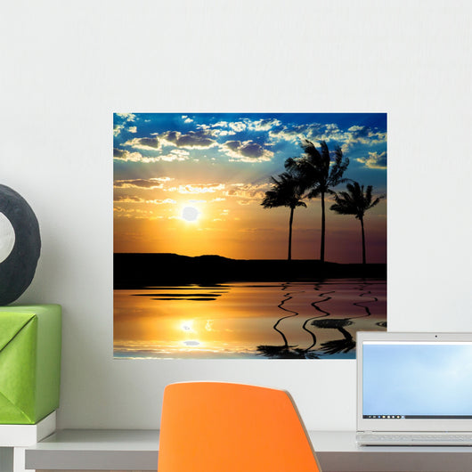 Sunset Beach and Palm Tree Wall Mural