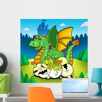 Dragon Mom with Baby shown on a wall