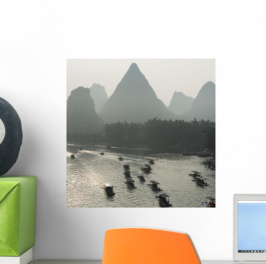 Boats Along The Li River At Sunset Wall Mural