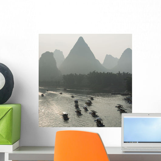 Boats Along The Li River At Sunset Wall Mural