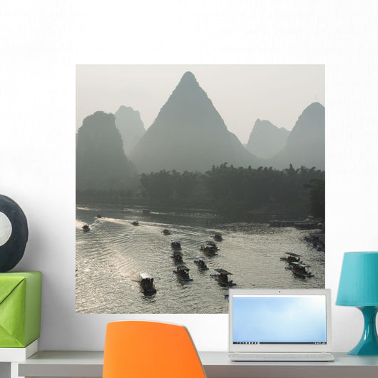 Boats Along The Li River At Sunset Wall Mural