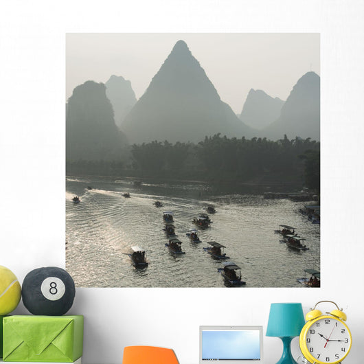 Boats Along The Li River At Sunset Wall Mural