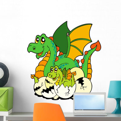 Dragon Mom with Baby Wall Mural shown on a wall