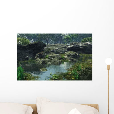 Peaceful Woodland Pond Wall Decal shown on a wall