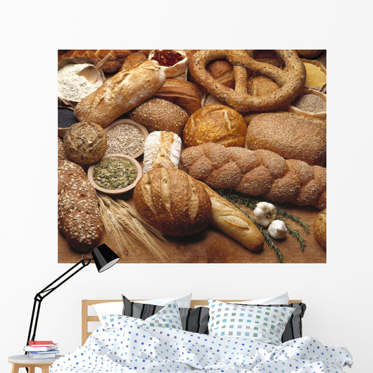 Food - Various types of breads and some of their ingredients Wall Mural