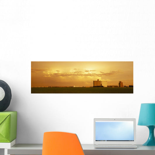 Agriculture - Grain elevators and an early growth corn field Wall Mural