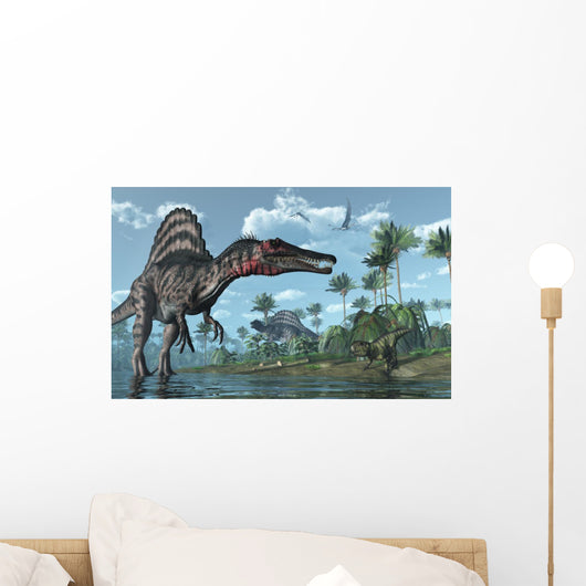 Prehistoric Scene With Spinosaurus and Psittacosaurus Dinosaurs Wall Mural