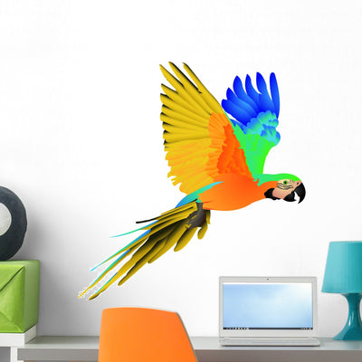 Blue Macaw Parrot Flight Wall Decal shown on a wall