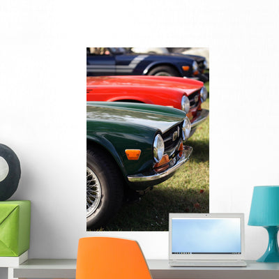 Details Vintage British Cars Wall Mural shown on a wall