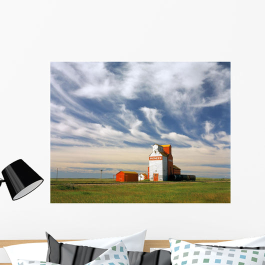 Inland grain terminal with railway in the prairies Wall Mural