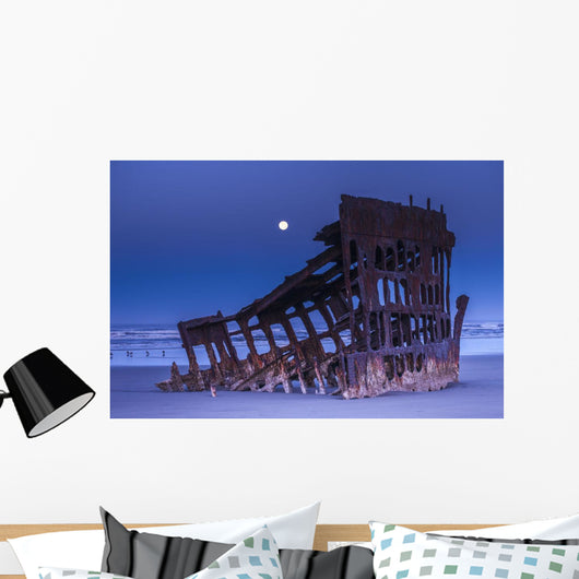 The moon sets over the wreck of the Peter Iredale Wall Mural