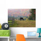 Horse grazing in early morning light and fog in autumn Wall Mural
