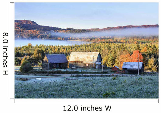 Rustic buildings and barn among autumn colors at sunrise Wall Mural