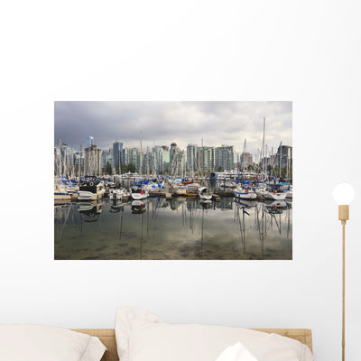 Sailboats Reflected Coal Harbour Wall Mural shown on a wall