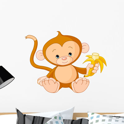 Baby Monkey Eating Banana shown on a wall