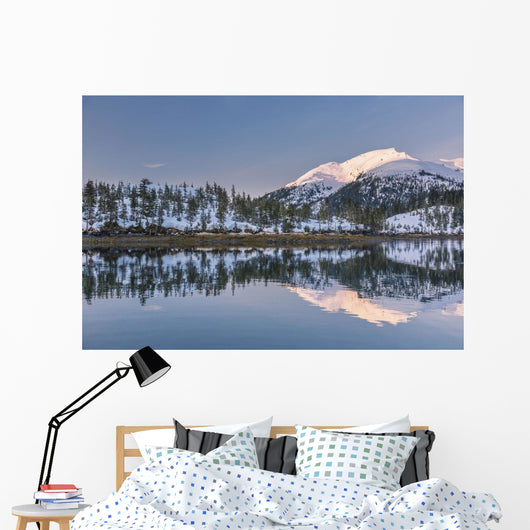 Snowy scenic reflected in the waters of Harrison Lagoon at sunrise Wall Mural