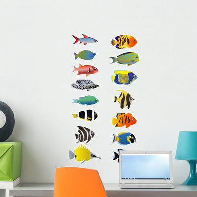 15 Different Fish Wall Stickers shown on a wall